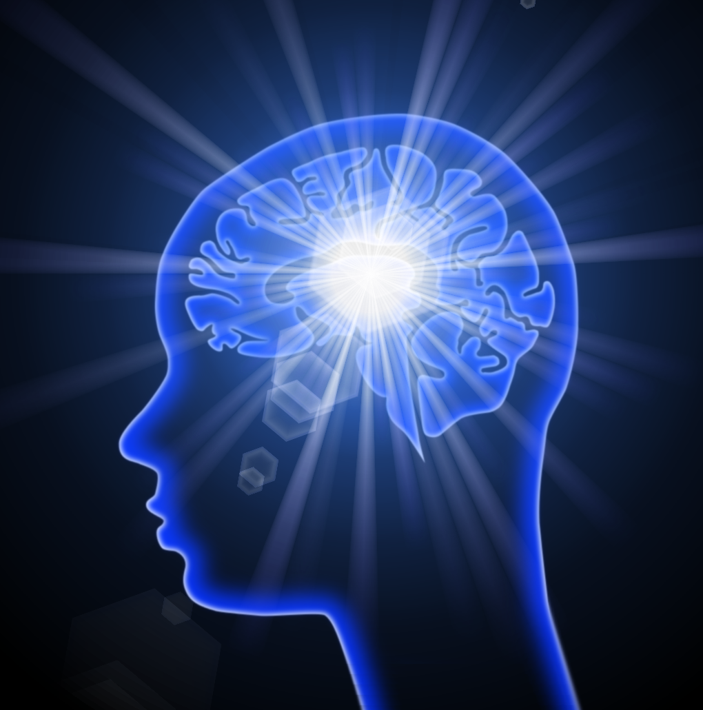 Stylized drawing of a blue outline of a person's head with a glowing blue brain