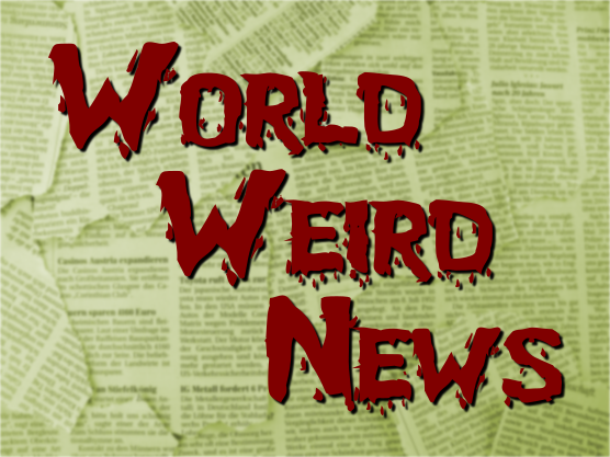Aging newspaper clippings overlayed with the words "World Weird News"