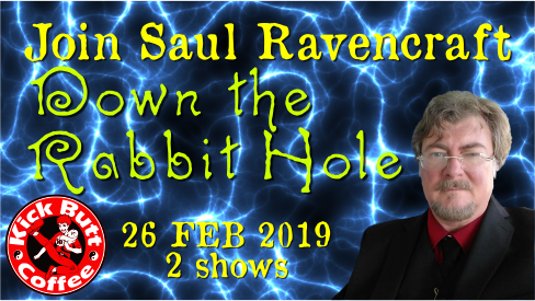 Photo of saul with lightning behind and description: Join Saul Ravencraft Down the Rabbit Hole, 26 Feb 2019, 2 shows